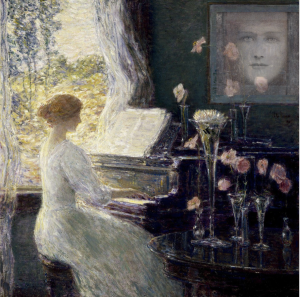 Montage de The Sonata, de Childe Hassam, et de Le Masque au Rideau Noir, de Fernand Khnopff
